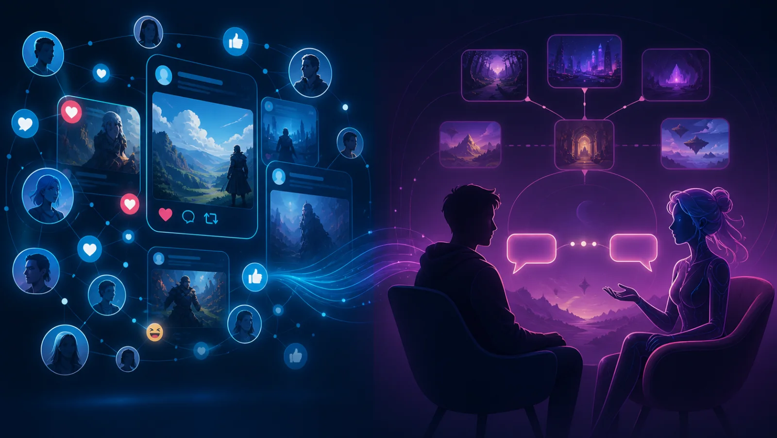 Social simulation compared with direct AI character roleplay